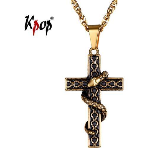 Kpop Cross Necklace Religious Jewelry Stainless Steel Gold Color Snake Serpent Crucific Cross Pendant Necklace for Men P2861