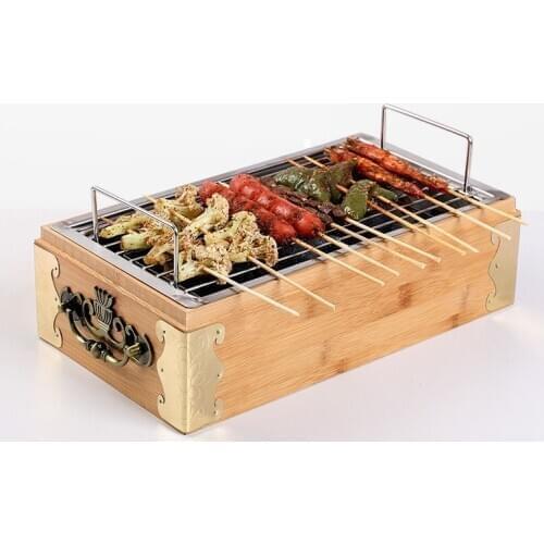 Portable charcoal bbq grills table barbecue grill bamboo box mini grill bar household outdoor stove 033