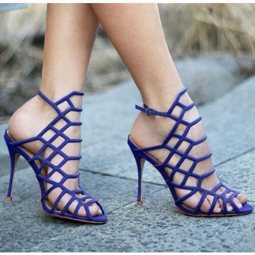 Drop Shipping 2017 Summer Luxury Choudory Women Sexy Solid Blue/Beige Gladiator Cage Cuts Out Open Toe Thin Heels Sandals Pumps