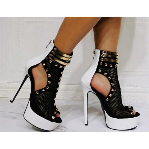 Drop Shipping Black White Patchwork Gold Rivet Mesh Hollow Out Peep Toe Sandals Woman Zipper Platform Stiletto Heels Sandal