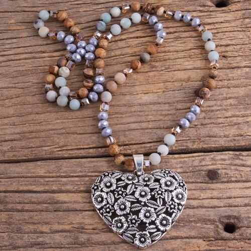 RH Fashion Bohemian Jewelry Accessory 8mm Stones/Crystal Knotted With Metal Heart Pendant Necklaces Women Boho NK Dropship