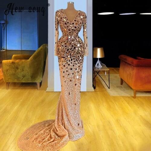 Luxury Pink Mirror Rhinestones Evening Dress Sparkly Crystals Long Sleeve V Neck Vestidos De Fiesta Evening Gowns Mermaid Robe