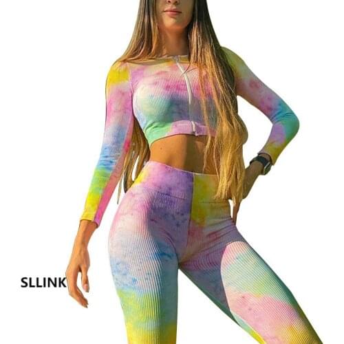 Printed Long-Sleeve Zipper Top Hip Lift Leggings Suit Yoga Clothes for Women