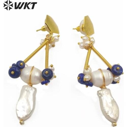 WT-MPE012 WKT Natural Pearl Earrings Blue Beads With Freshwater Pearl Earrings Gold Electroplated Fashion Jewelry Gift For Lady