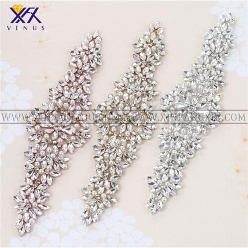 XFX VENUS (1PC) Rhinestones Bridal Silver Crystal Applique Gold Patches Beaded Sew on Iron on Applique Trim for Wedding Dresses