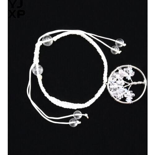 YJXP Adjustable White Cord Weave Bracelet Bond With Opalite Tree of Life Stone Pendant Stretchy Bracelet Reiki Amulet Jewelry