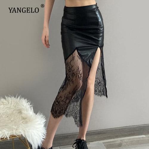 Goth Lether Lace Patchwork Black Skirt Vintage High Waist Cut Out Split Skirts Streetwear Women See Through Skirts