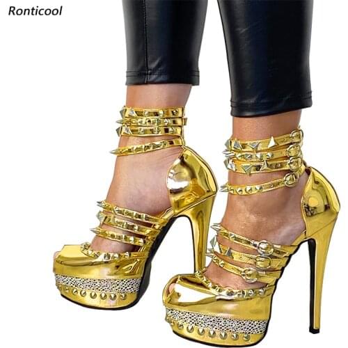 Ronticool New Women Platform Sandals Ankle Strap Studded Stiletto Heels Peep Toe Gorgeous 5 Colors Night Club Shoes US Size 5-13