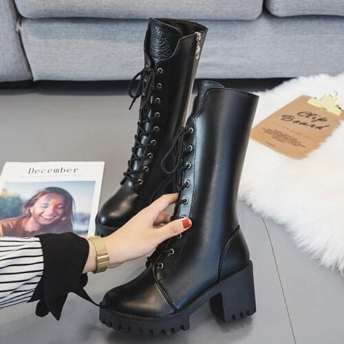 Women 7CM High Heel Boots Black Casual Mid Tube Knight Boots Round Toe Zipper Boots Autumn Winter Leather Warm Boots Size 35-41