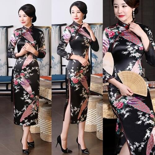 Women Dresses Lady Dresses Chinese 3/4 Sleeve Peacock Long Split Cheongsam Stage Show Midi Slim Dress