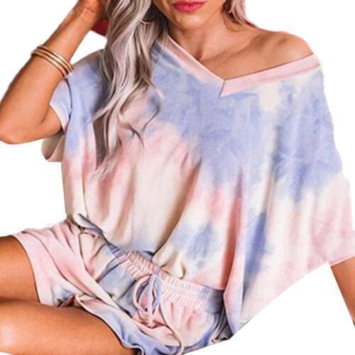 2020 New Women Tie Dye-print Two-piece Pyjamas Set Short Sleeve V Neck T-shirt Drawstring Shorts Set Casual Style Clothes