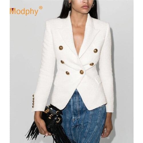 Autumn New Fashion 2020 Runway Designer Blazer Womens Jacket Metal Buttons Suit Collar Double-breasted Tweed Slim Blazer Coat