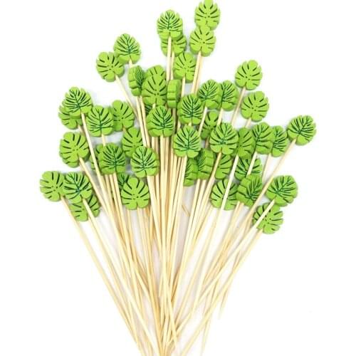 200Pc Bamboo Pick Buffet Tropical Leaves Cupcake Fruit Fork Dessert Salad Stick Cocktail Skewer for Party Decor