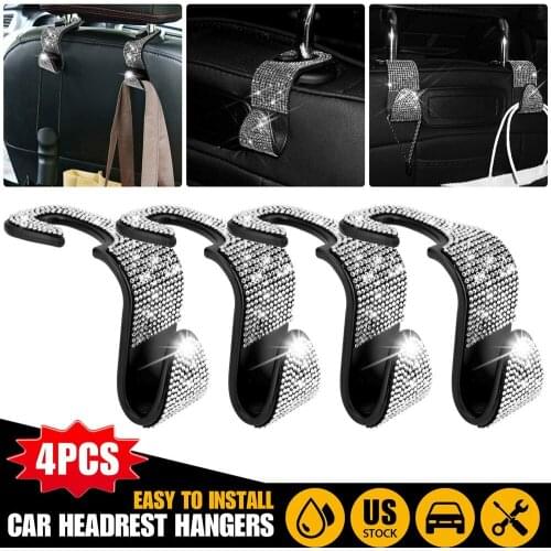 4pcs Bling Rhinestone Car Seat Headrest Hook Backseat Hanger Bag Cloth Holder Auto Back Headrest Mount Holder Car Interior