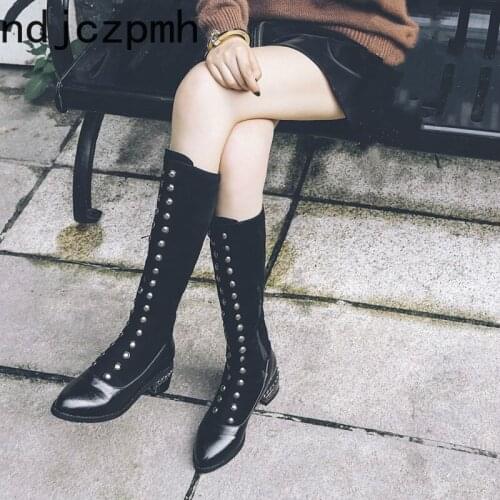 Womens Boots Autumn and Winter The New Fashion Pointed Zipper Metal Decoration Mid Heel Long Boots Womens Shoes Size 32-48