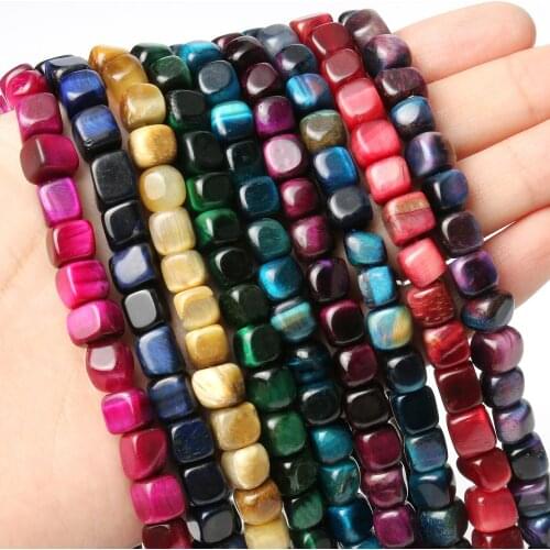 8mm Square Shape Natural Lake Blue Yellow Tiger Eye Stone Loose Spacer Beads for Jewelry Making DIY Bracelet Necklace 15" Strand