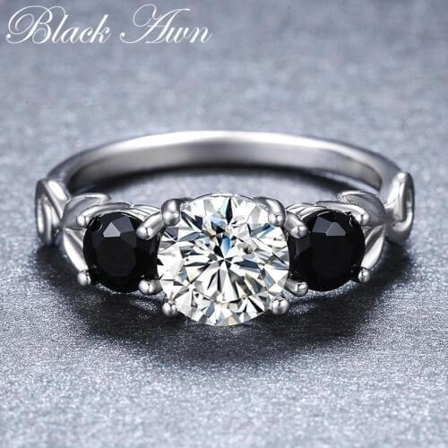 Black Awn New Fower 925 Sterling Silver Fine Jewelry Black Spinel Round Engagement Ring for Women Anillos Mujer G090