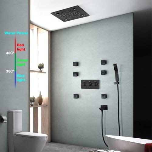 Black Shower Faucet Set 32x32cm Rain and Misty Hydropower LED Shower Head Ceiling Embedded Shower Mixer with Body Jet HIDEEP