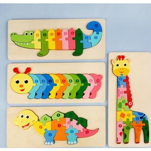 Wooden Dinosaur Giraffe Animal Number Puzzle Block Children Kids Educational Toy
