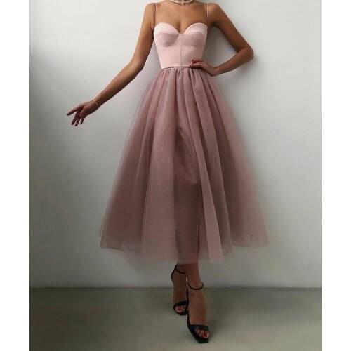 Elegant Spaghetti Strap Short Evening Dresses Dusty Rose Tea Length Zipper Corset Back Abendkleider Formal Party Dress for Women