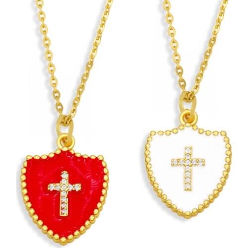 FLOLA Copper CZ Cross Necklace Gold Chain Red White Cross Pendant Necklace For Women Crystal Charms Jewelry nkev70