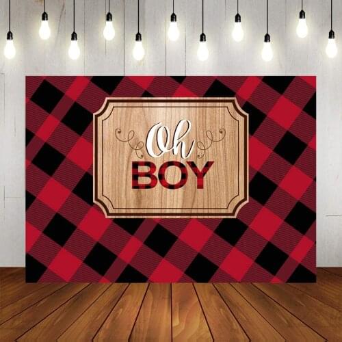 Oh Boy Baby Shower Backdrop Lumberjack Baby Shower Photo Background Rustic Red Black Plaid Baby Shower Party Banner Decoration