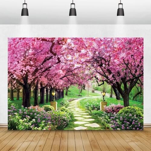 Wedding Bridal Shower Photo Backdrops Wonderland Forest Blooming Trees Grassland Pathway Baby Portrait Photography Backgrounds