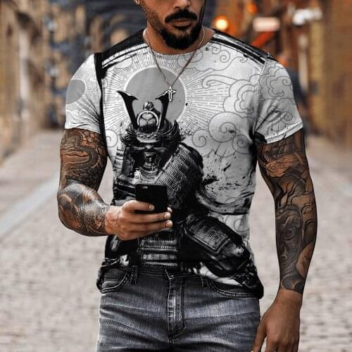 Casual Streetwear Fashion T-shirt Mens Short-sleeved Loose T-shirt Japan Samurai Tattoo 3D Printing Slim Round Neck Tshirt Men