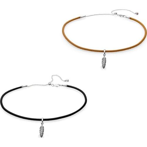 NEW 2018 NEW 925 Sterling Silver Black & Golden Tan Leather Choker Necklace with Feather Pendant For Women Jewelry Gift