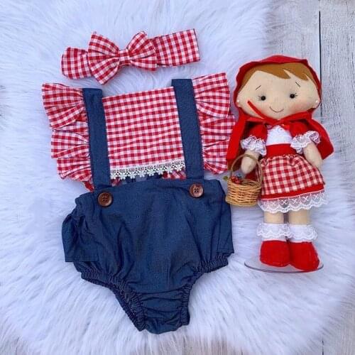 FOCUSNORM 0-24M Summer Cute Baby Girls Rompers Plaid Denim Patchwork Ruffles Short Sleeve Backless Jumpsuits