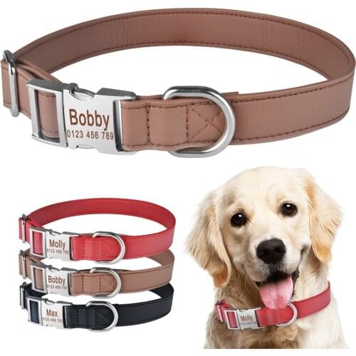 Leather dog collar Personalized Dog Collar Custom Engraved Puppy ID Name Tag Buckle Gray Collar S-L Dogs pets accessories