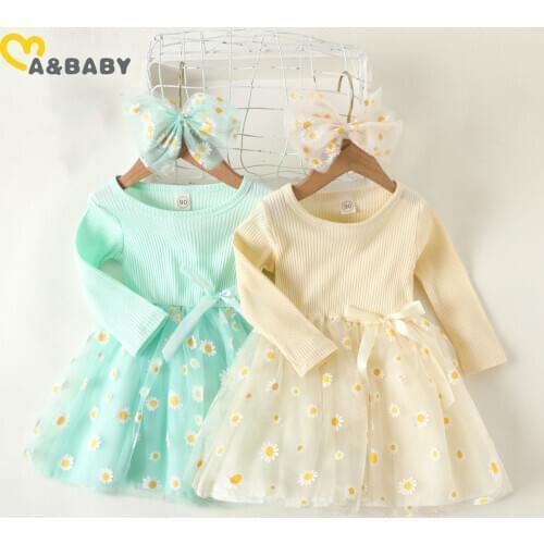 Ma&Baby 1-6Y Toddler Kid Girls Knitted Flower Dress Autumn Spring Long Sleeve Lace Floral Tutu Dresses For Girls