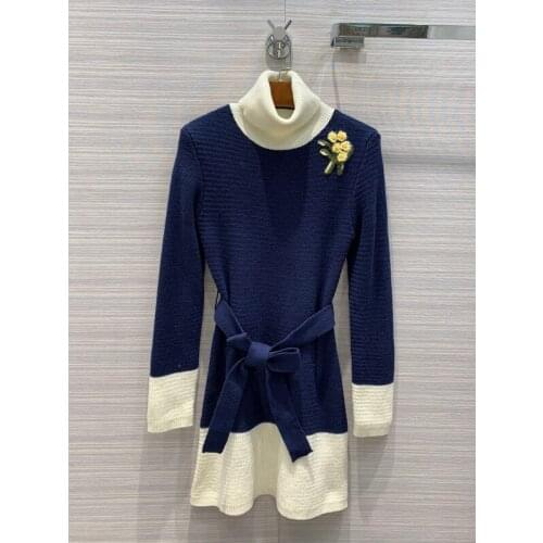 Contrast New 11.27 Winter Color Patchwork Letter Embroidery Crochet With Belt Female Turtleneck Wool Knitted Mini Dress