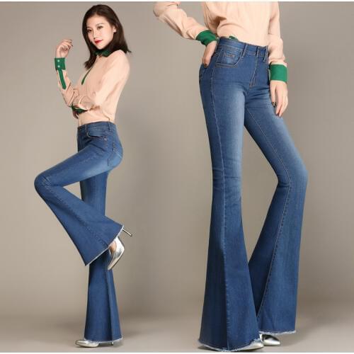 2018 new fashion spring and autumn big flared pants cowgirl trousers stretch large size 26-32 high waist womens jeans