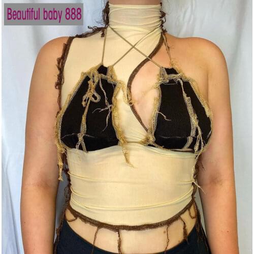 Meqeiss 2021 New Vintage Tassel Patchwork Tank Tops Asymmetreical Hole Sleeveless Halter Skinny Corset Crop Top Indie Folk Sytle