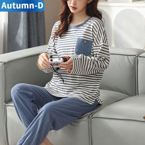 Sleepwear Cotton Women Pajamas Sets Striped Home Clothes Autumn Femal Pijamas Round Neck Nightgowns Comfortable Pyjamas Trousers