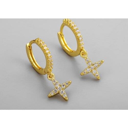 925 Sterling Silver Tiny Cross Hoop Earring for Women Star Charm Korean Trendy Jewelry
