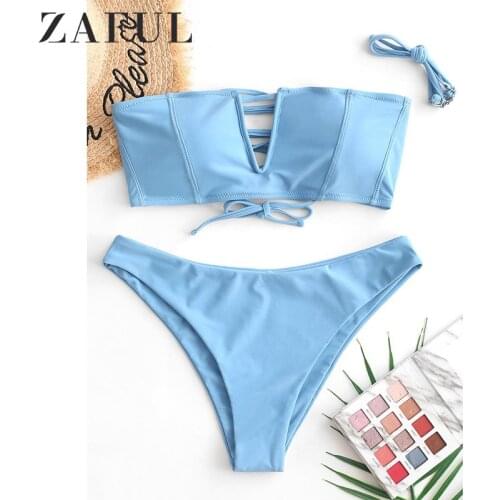 ZAFUL V-Wired Lace-Up Topstitching Bandeau Bikini Swimsuit - Black S M L