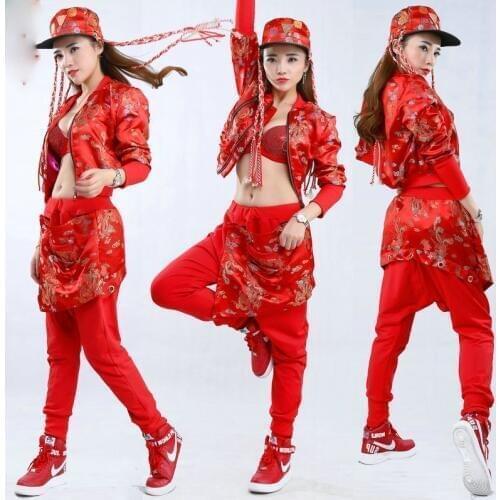 Hip Hop Dance Costume Adult Red Dragon And Phoenix Embroidery Coat Pants Men Women Stage Clothes For Singers Jazz Wear DT1064