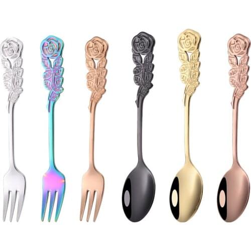 1 pcs Rose Stainless Steel Cake Fork Spoon Mini Fruit Forks for Kids Dessert Forks Dinner Coctail Decoration Kitchen Tableware