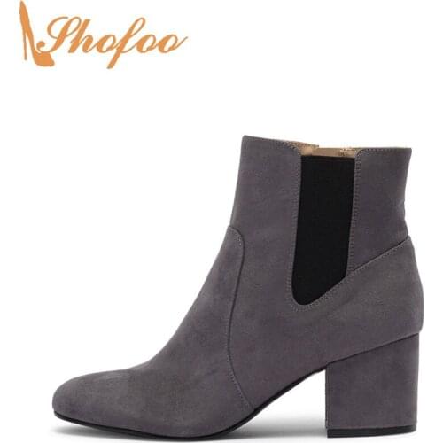 Grey Black Woman Ankle Boots High Chunky Heels Almond Toe Chelsea Booties Zipper Large Size 14 16 Ladies Fashion Shoes Shofoo