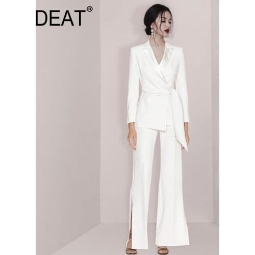 DEAT Suit Woman Office Lady Style Notched Lacing Slim Blazer Coat + Solid Zipper Wide Leg Pants 2021 New Summer Fashion AR693