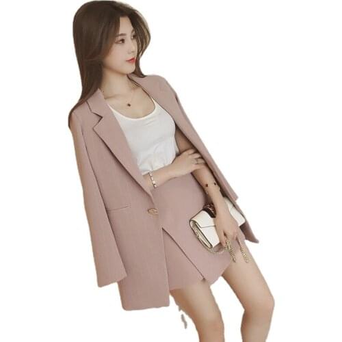 Womens Two Pieces Set Pink Fashion Plus Size Blazer Suit Long Sleeve Striped Jacket Shorts Skirt Blazers 2pc Office Outfits