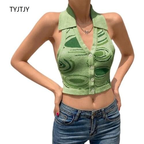 TYJTJY 2021 Knit Y2K Crop Top Women Halter Neck Backless Summer Backless Green V Neck Casual Sleeveless Vintage Sexy Tank Tops