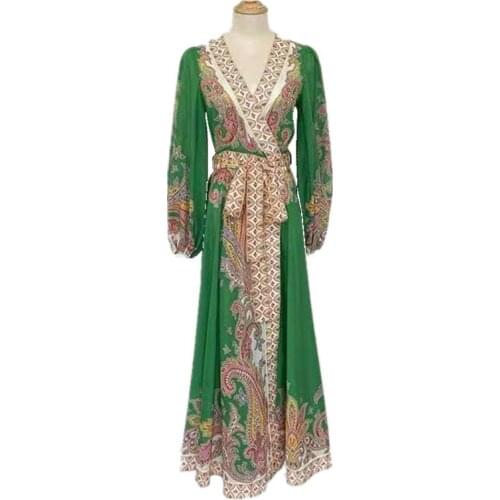 Womens 2021 spring new dress cotton green retro floral lantern sleeves