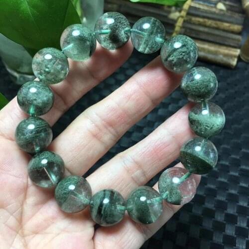 13mm Natural Clear Quartz Green Phantom Crystal Gemstone Round Beads Bracelet