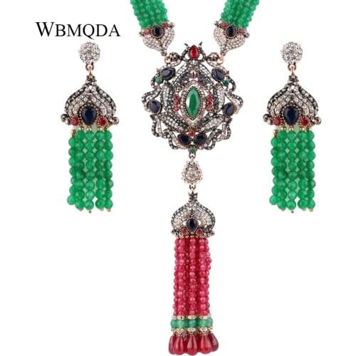 2 Pcs/lot Luxury Ethnic Natural Stone Jewelry Sets Vintage Gold Color African Beads Tassel Layered Necklace Earrings For Women