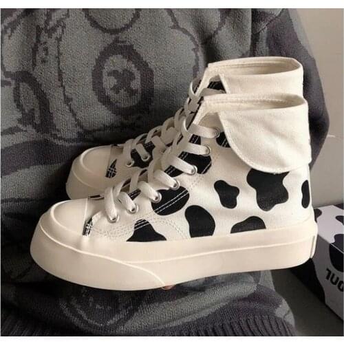 High-top Platform Cow Canvas Women Shoes Ugly Cute Lace-up Ladies Casual Sneakers Spring Leisure Footwear Outdoor Female Flats