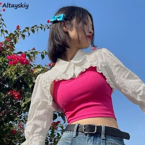 Sets Women Streetwear Trendy Turn-down Collar Butterfly-sleeve Super-short Solid Edible Sexy Tree Fungus Shirring Buttons Casual