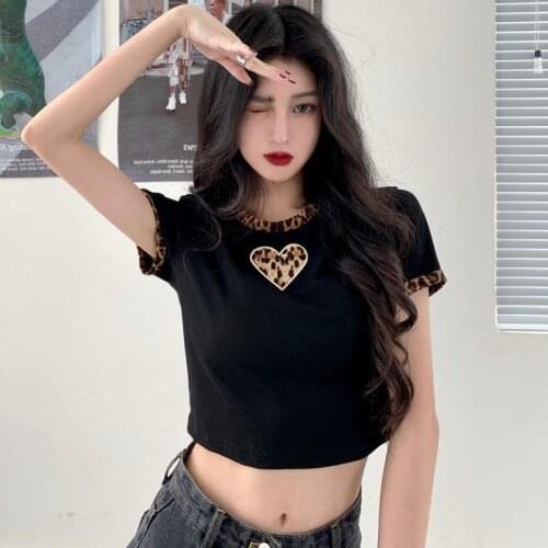 Summer New O Neck Leopard Women T-shirt Short Slim Short Sleeves Funny Girls Shirt T-shirt Top High Street Clothing Women 2021